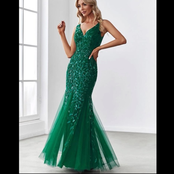 Dresses & Skirts - Double V Neck Dark Green Sequin Gown Dress